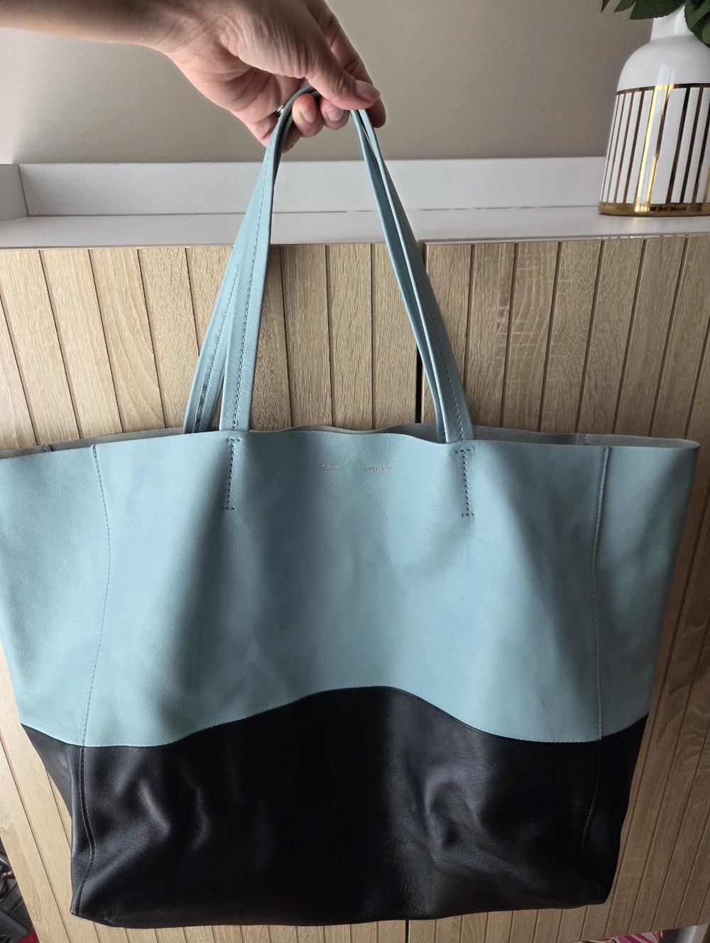 Celine Two-Tone Light Blue and Black Leather Tote